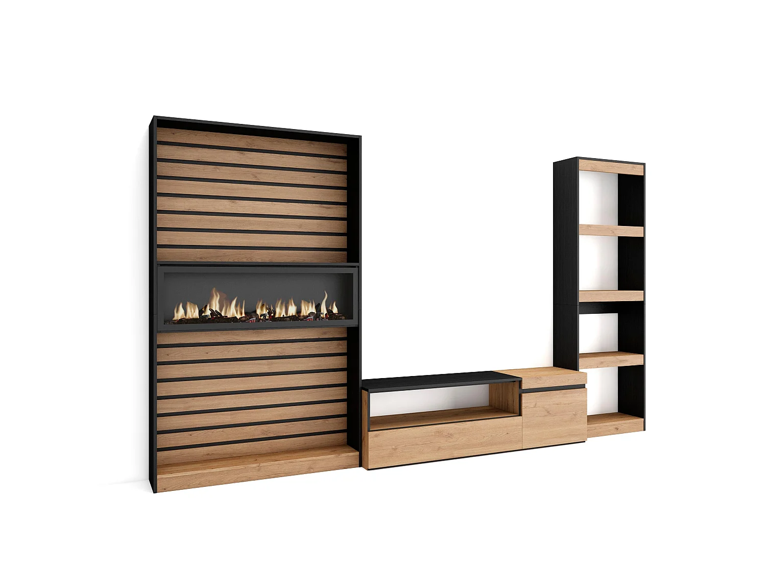 Meubels voor woonkamer, 320x35x186cm, Elektrische haard, Eiken/Zwart