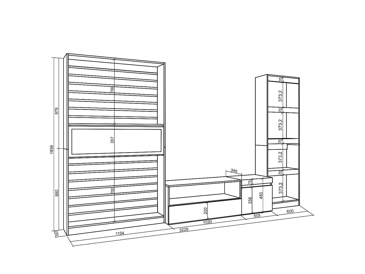Meubels voor woonkamer, 320x35x186cm, Elektrische haard, Eiken/Zwart