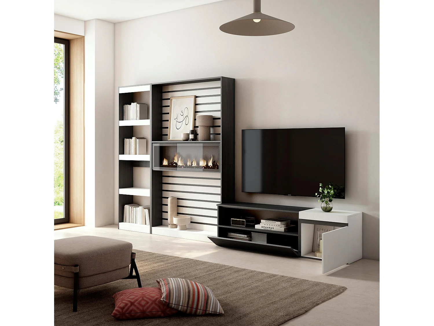 Ensemble Meuble TV, 320x186x35cm, Cheminée électrique, Blanc et noir