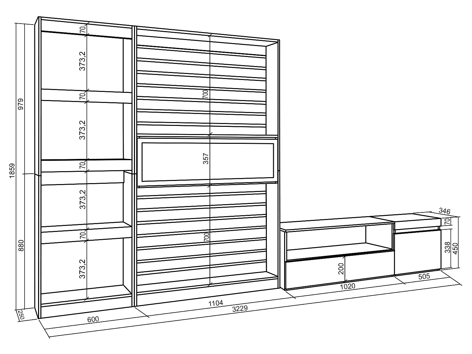 Ensemble Meuble TV, 320x186x35cm, Cheminée électrique, Blanc et noir