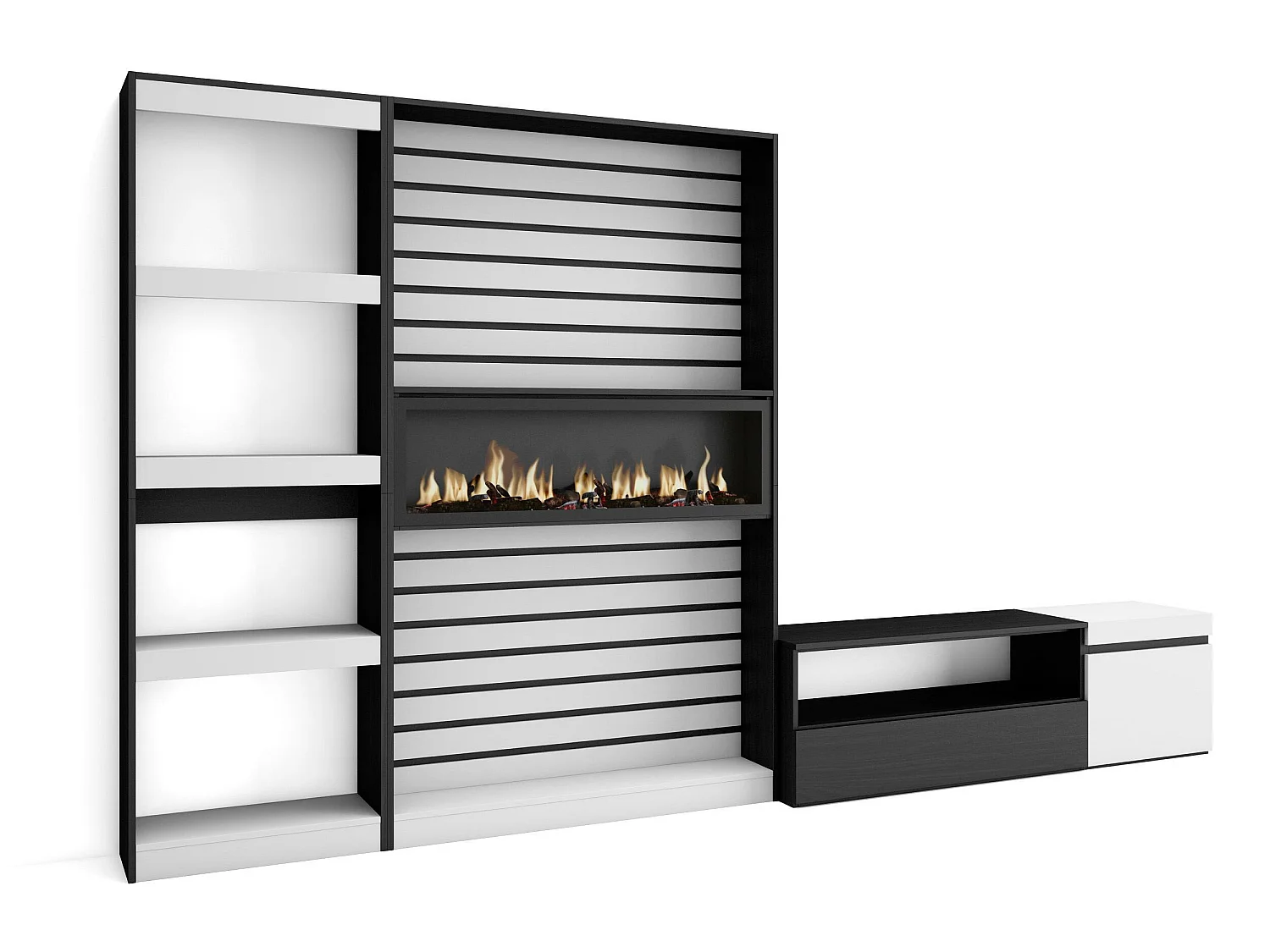 Ensemble Meuble TV, 320x186x35cm, Cheminée électrique, Blanc et noir