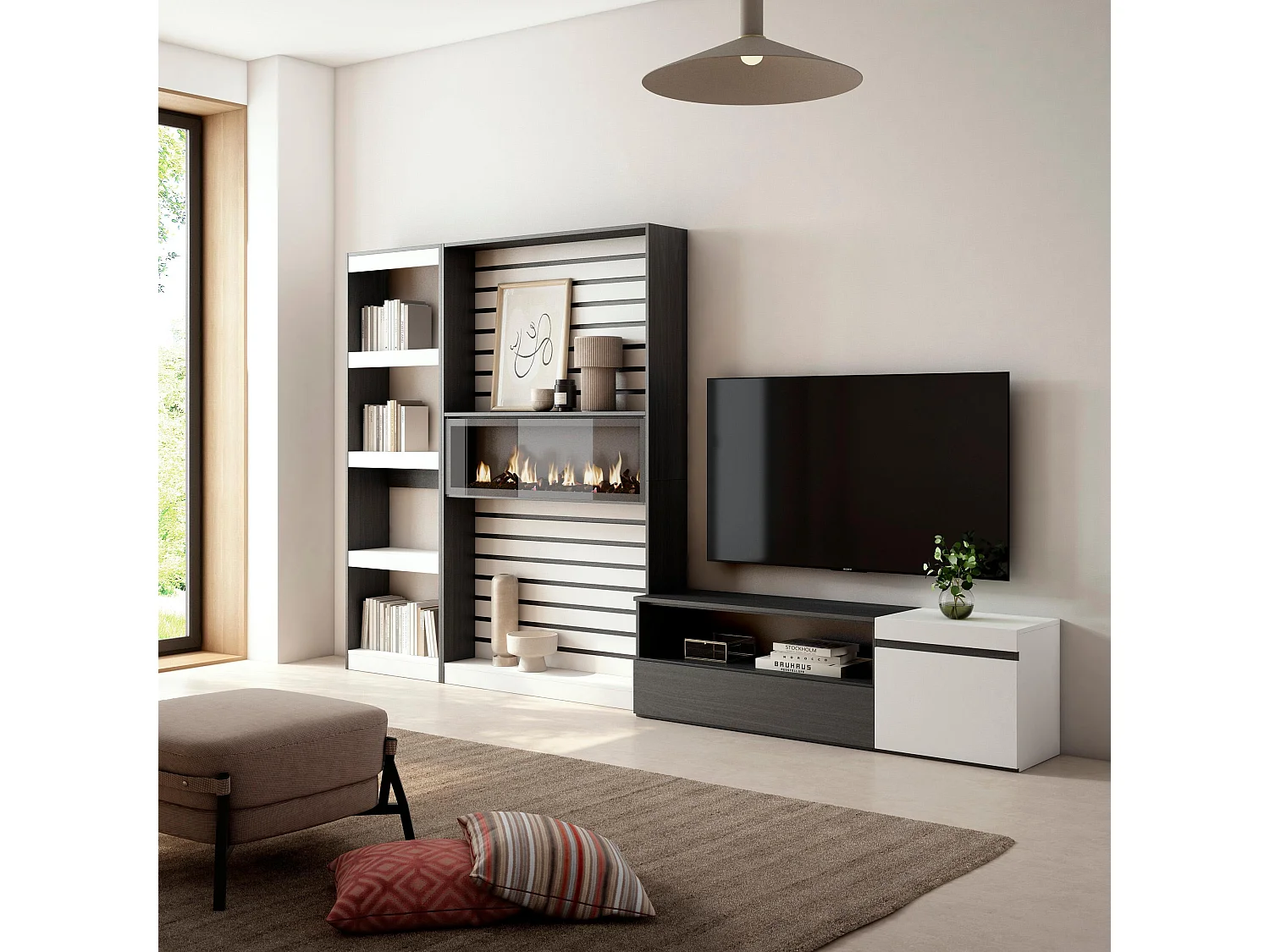 Ensemble Meuble TV, 320x186x35cm, Cheminée électrique, Blanc et noir