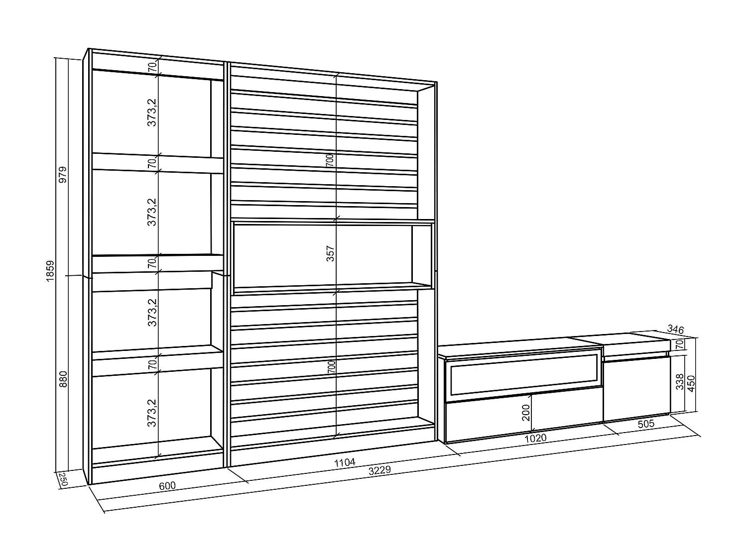Mobile Soggiorno TV, 320x35x186cm, Camino elettrico, Rovere e nero