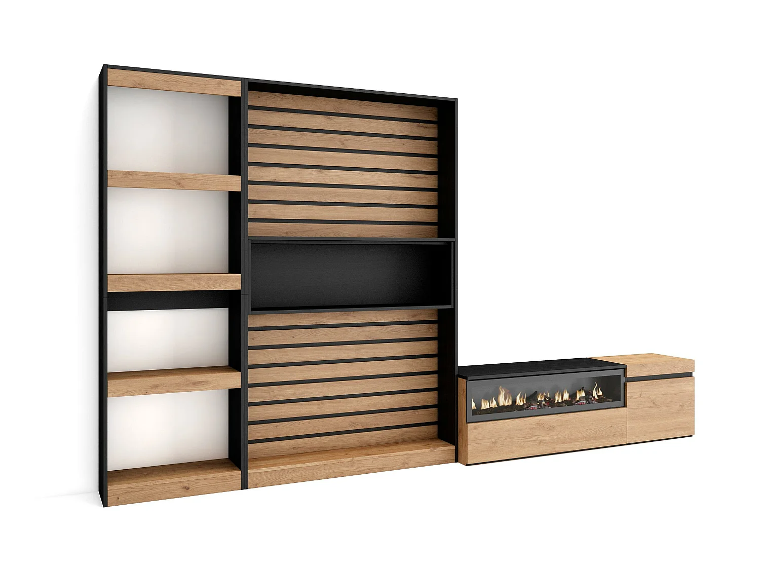 Ensemble Meuble TV, 320x35x186cm, Cheminée électrique, Chêne et noir