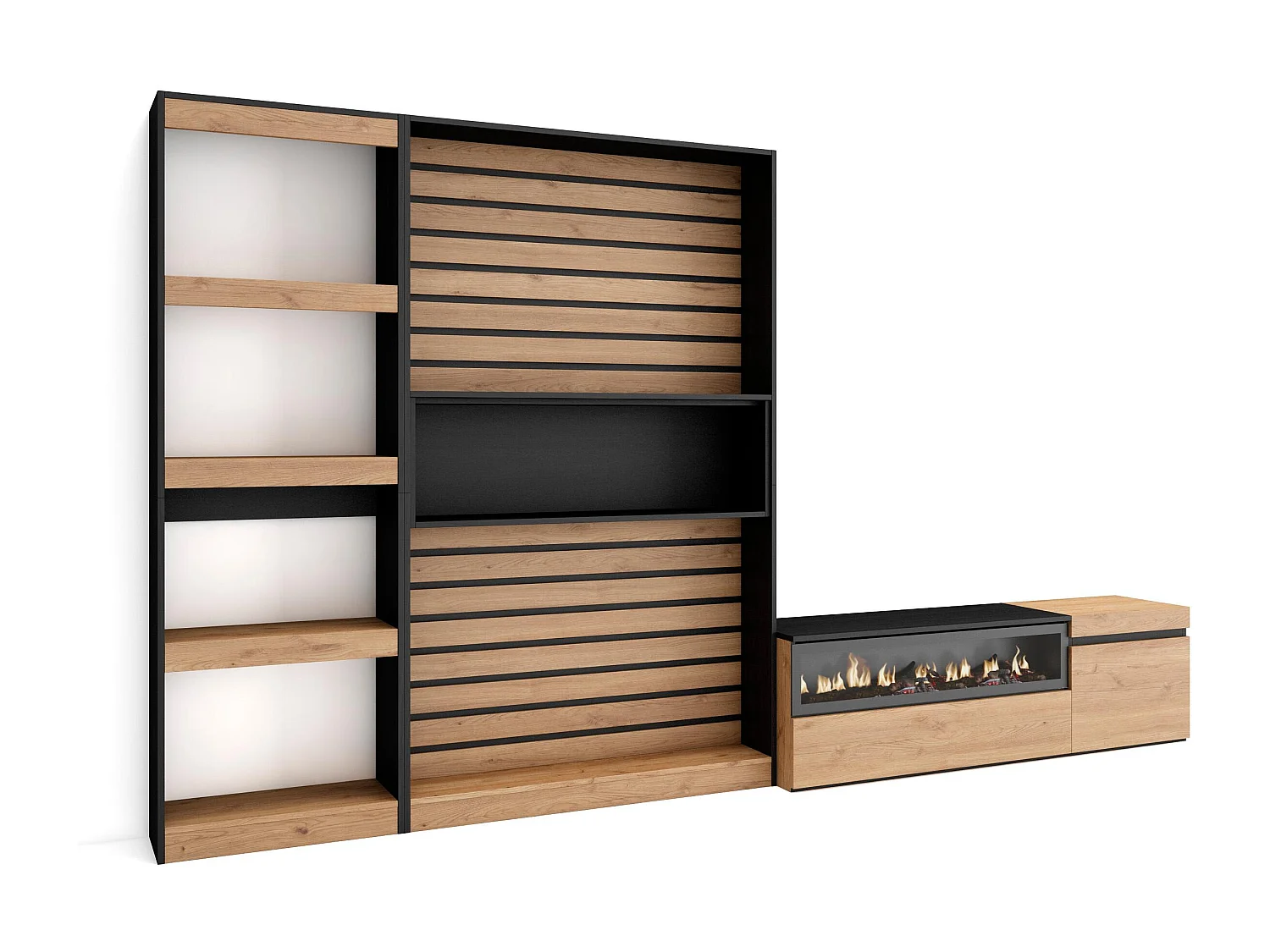 Ensemble Meuble TV, 320x35x186cm, Cheminée électrique, Chêne et noir