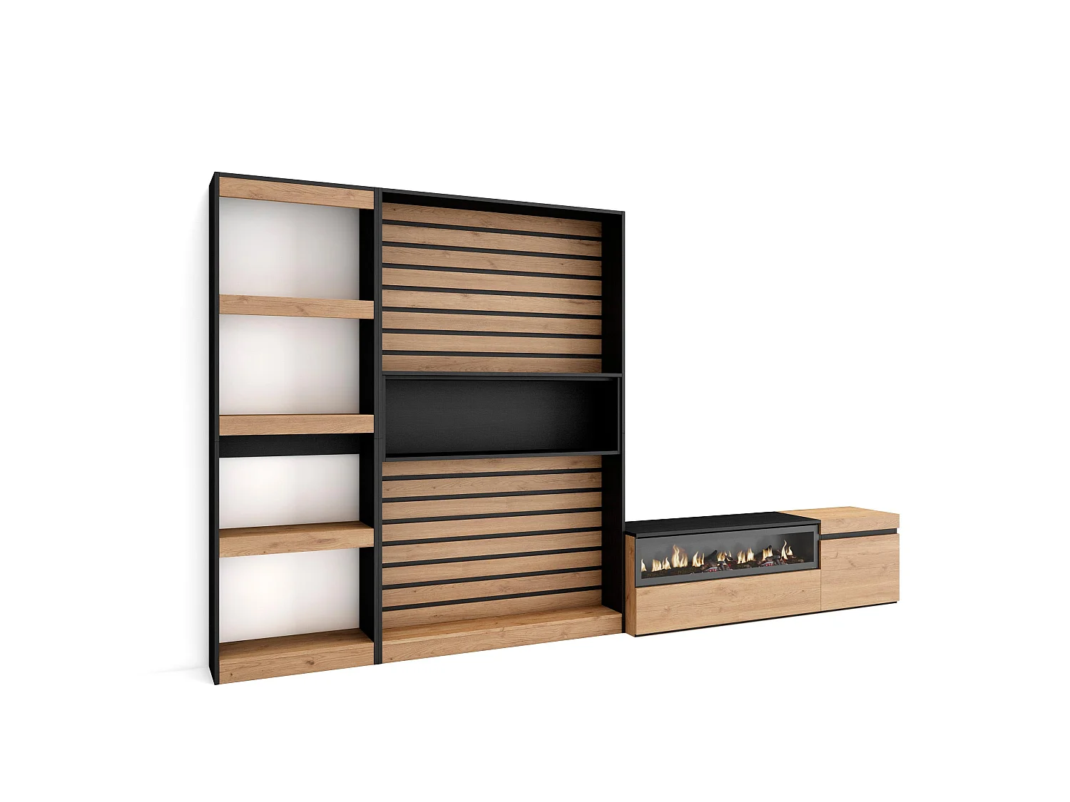 Ensemble Meuble TV, 320x35x186cm, Cheminée électrique, Chêne et noir