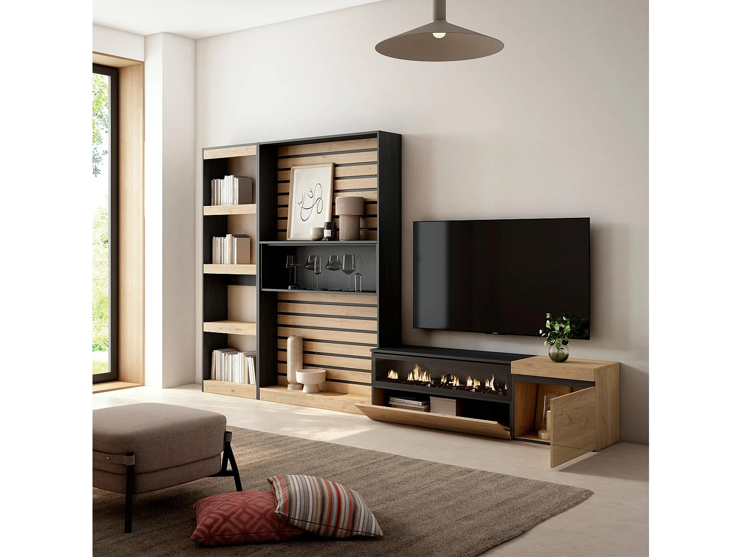 Ensemble Meuble TV, 320x35x186cm, Cheminée électrique, Chêne et noir