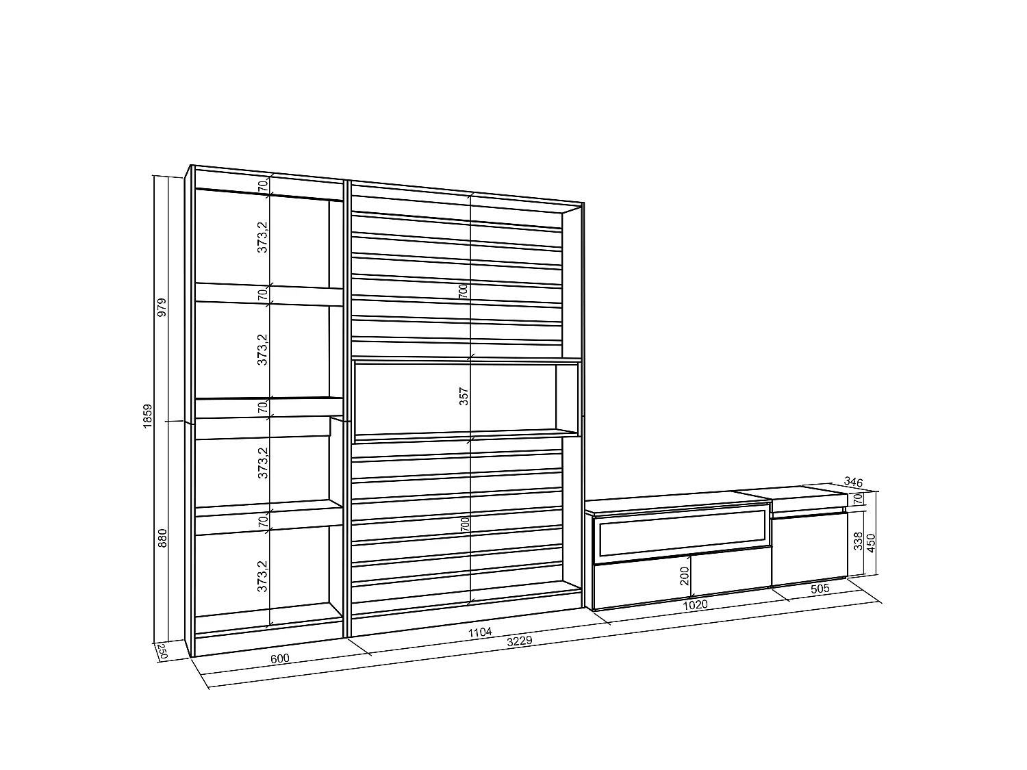 Ensemble Meuble TV, 320x35x186cm, Cheminée électrique, Chêne et noir