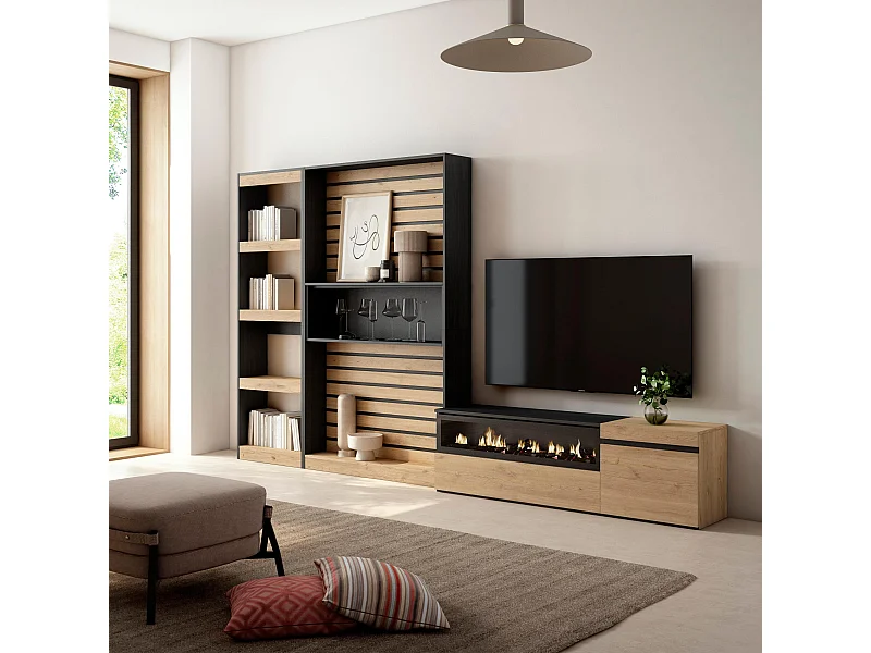 Meubels voor woonkamer, 320x35x186cm, Elektrische haard, Eiken/Zwart