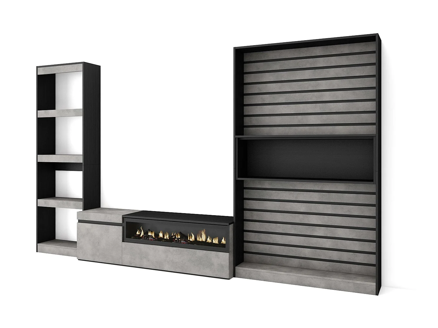 Ensemble Meuble TV, 320x186x35cm, Cheminée électrique, Ciment