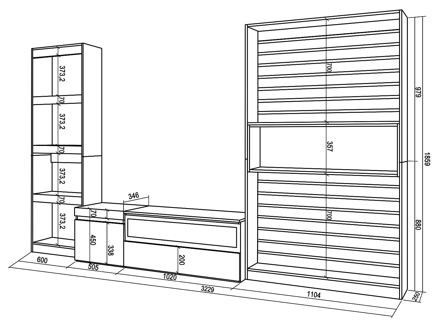 Meubels voor woonkamer, 320x186x35cm, Elektrische haard, Cement