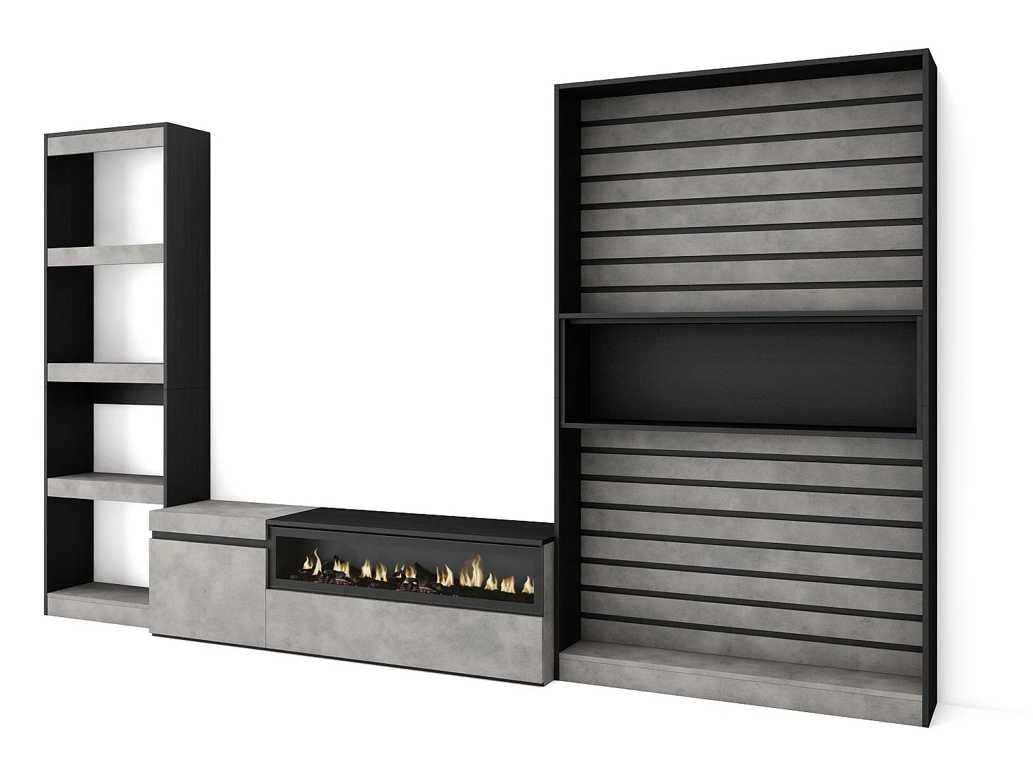 Ensemble Meuble TV, 320x186x35cm, Cheminée électrique, Ciment