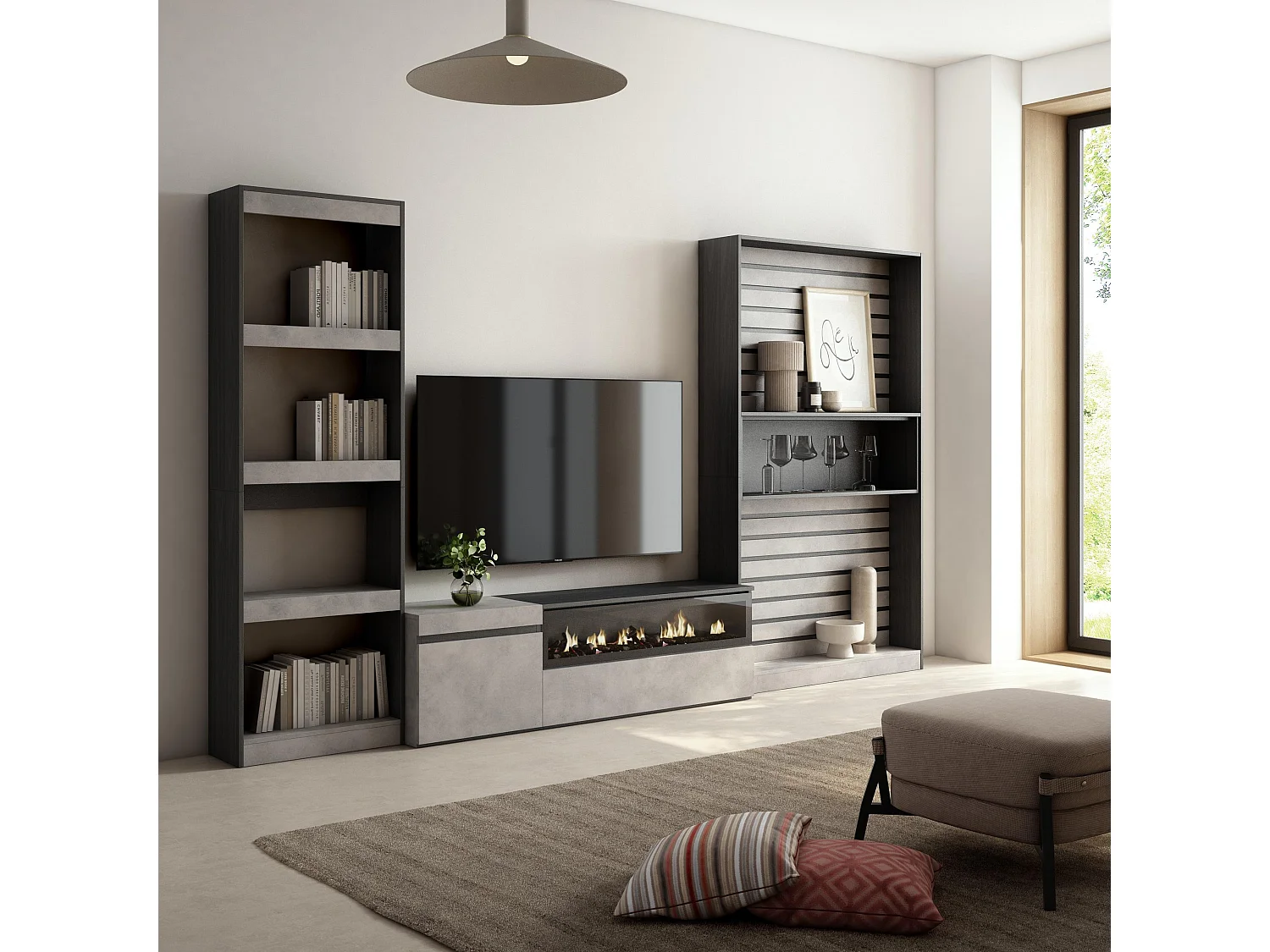 Ensemble Meuble TV, 320x186x35cm, Cheminée électrique, Ciment