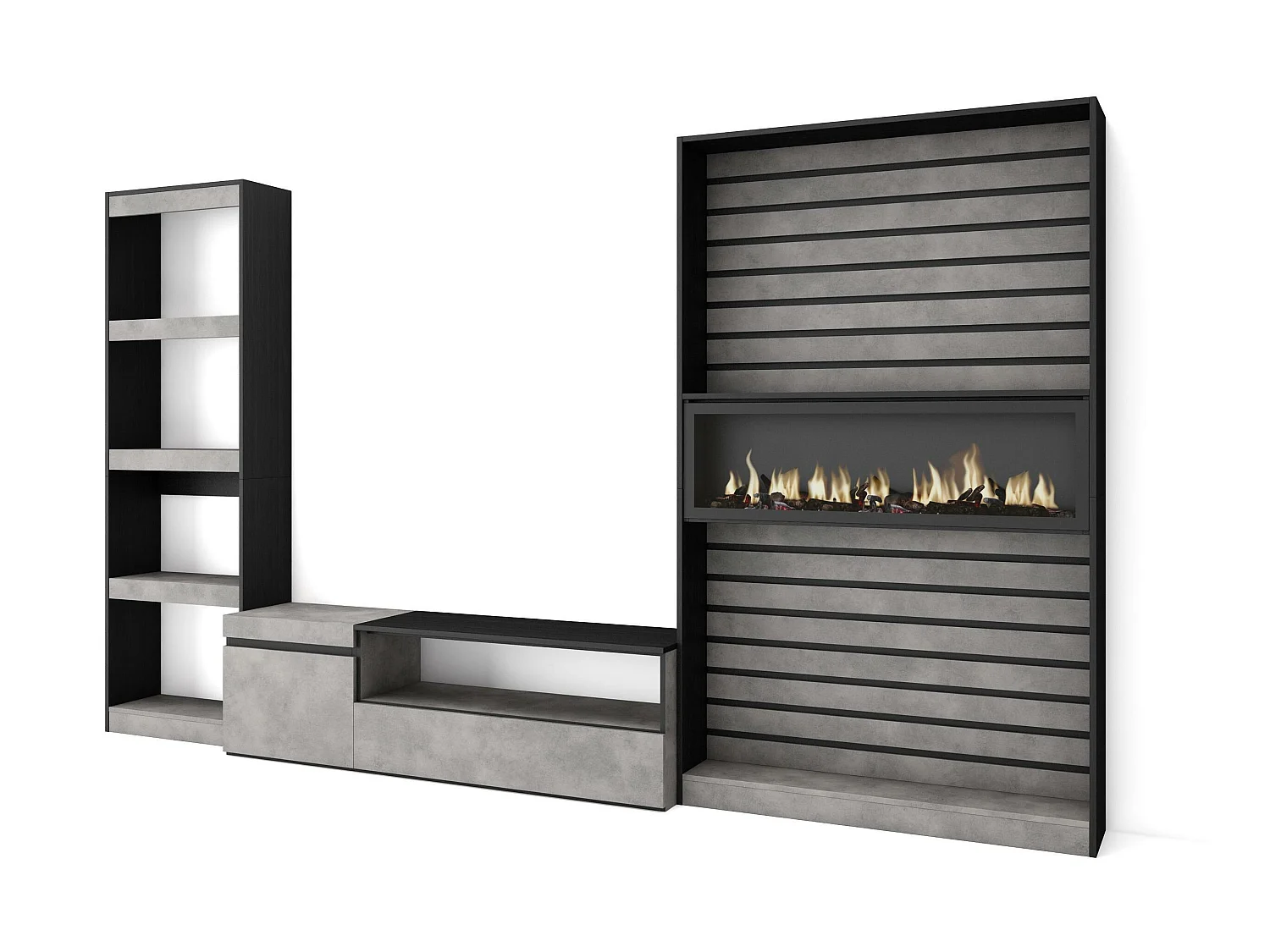 Ensemble Meuble TV, 320x186x35cm, Cheminée électrique, Ciment