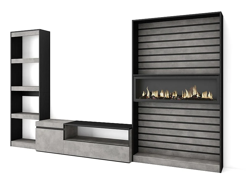 Ensemble Meuble TV, 320x186x35cm, Cheminée électrique, Ciment