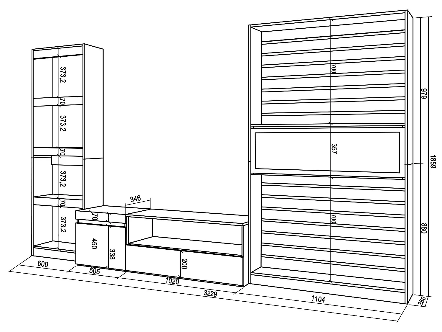 Ensemble Meuble TV, 320x186x35cm, Cheminée électrique, Blanc et noir
