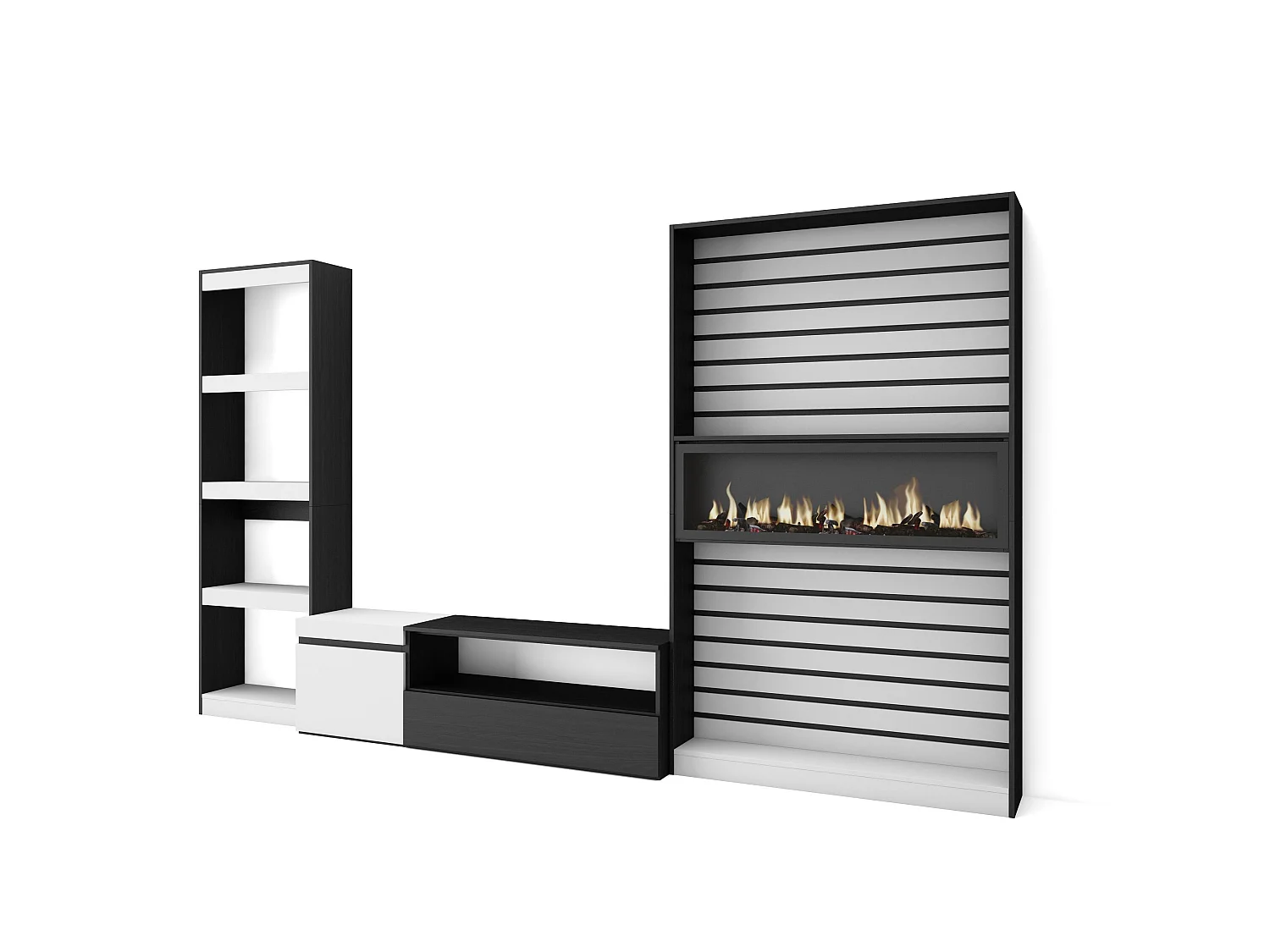 Ensemble Meuble TV, 320x186x35cm, Cheminée électrique, Blanc et noir