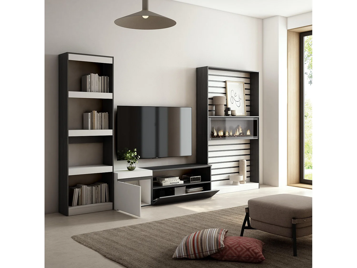 Ensemble Meuble TV, 320x186x35cm, Cheminée électrique, Blanc et noir