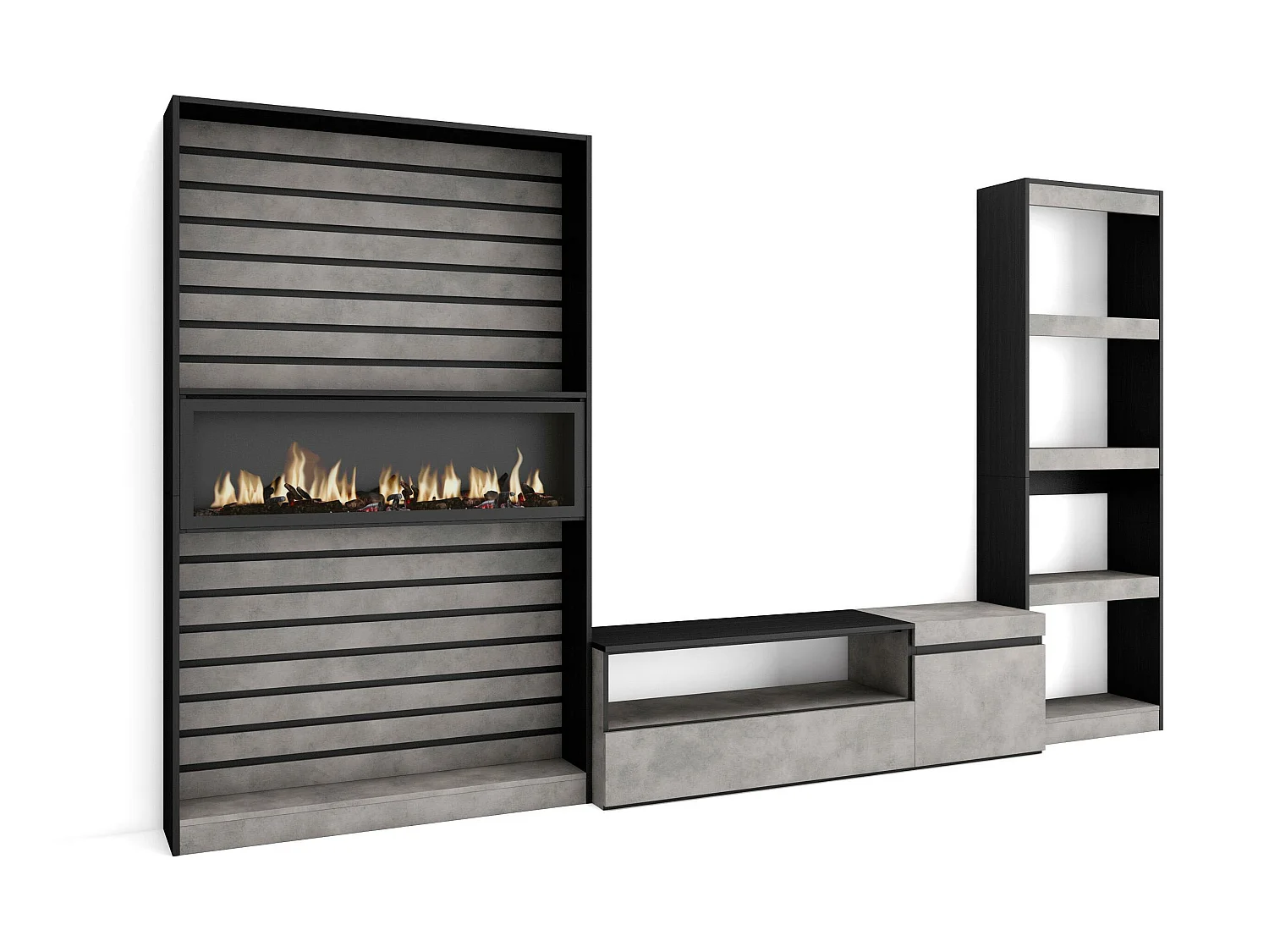 Ensemble Meuble TV, 320x186x35cm, Cheminée électrique, Ciment