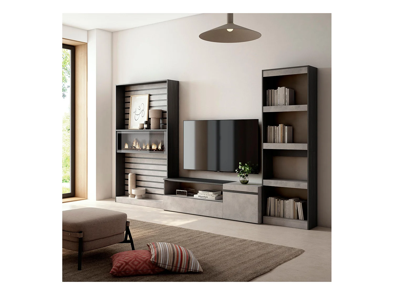 Ensemble Meuble TV, 320x186x35cm, Cheminée électrique, Ciment