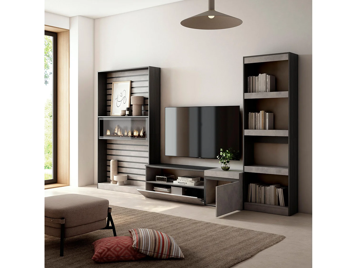 Ensemble Meuble TV, 320x186x35cm, Cheminée électrique, Ciment