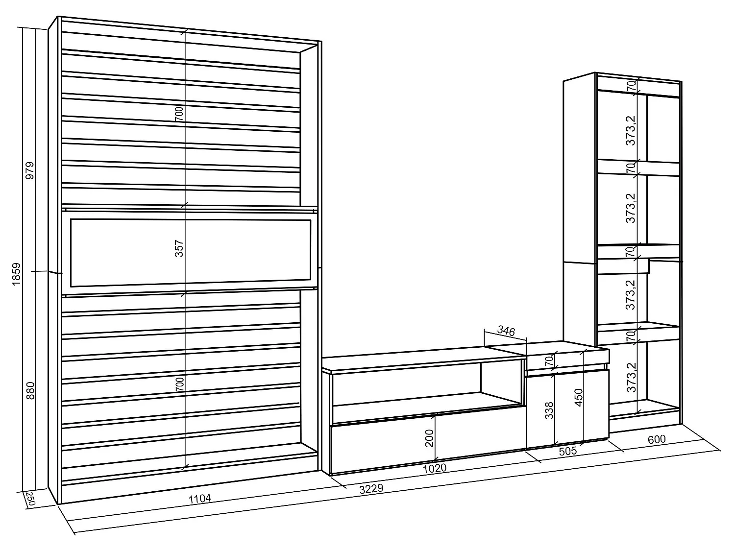 Ensemble Meuble TV, 320x186x35cm, Cheminée électrique, Ciment