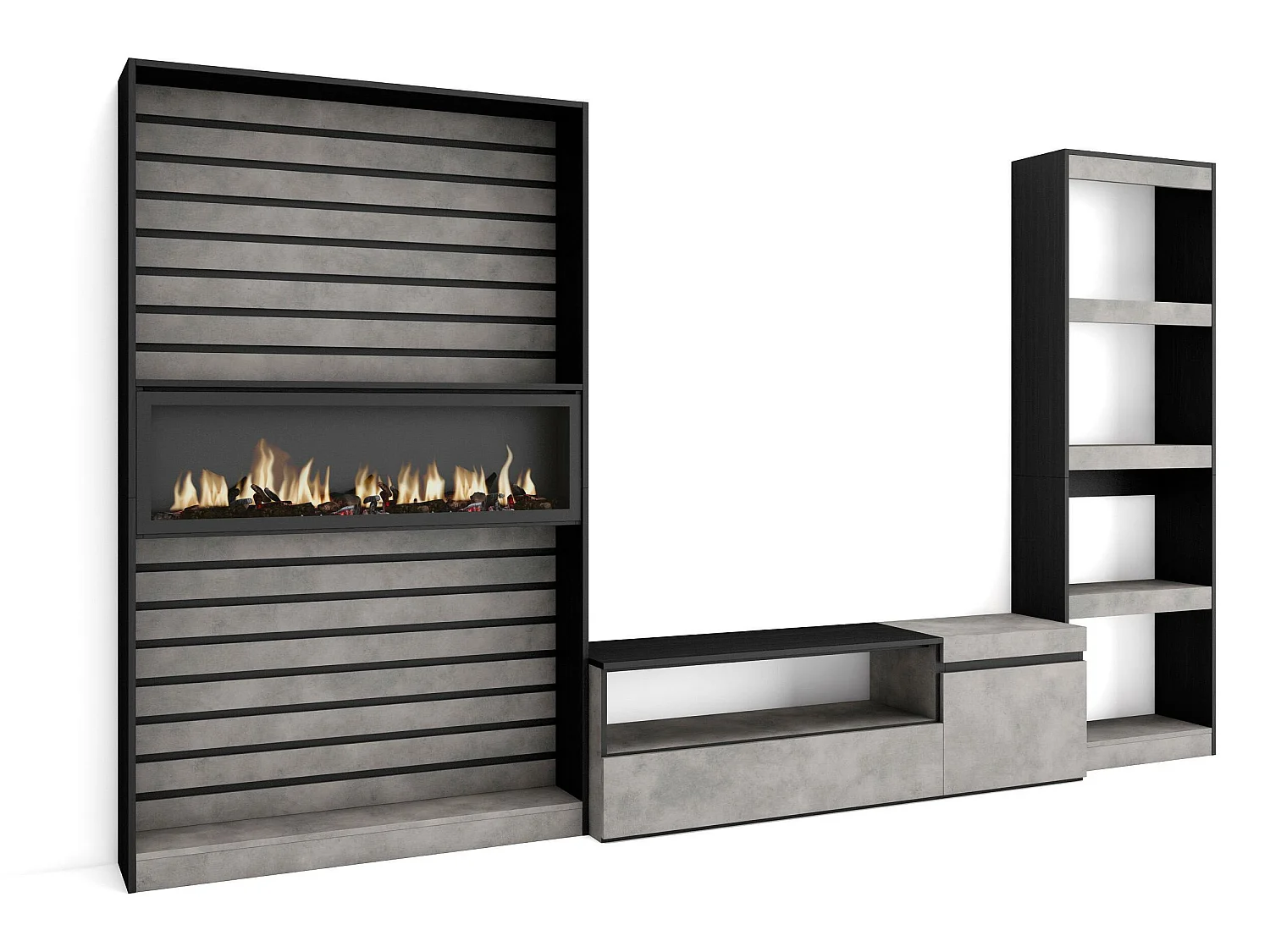 Ensemble Meuble TV, 320x186x35cm, Cheminée électrique, Ciment