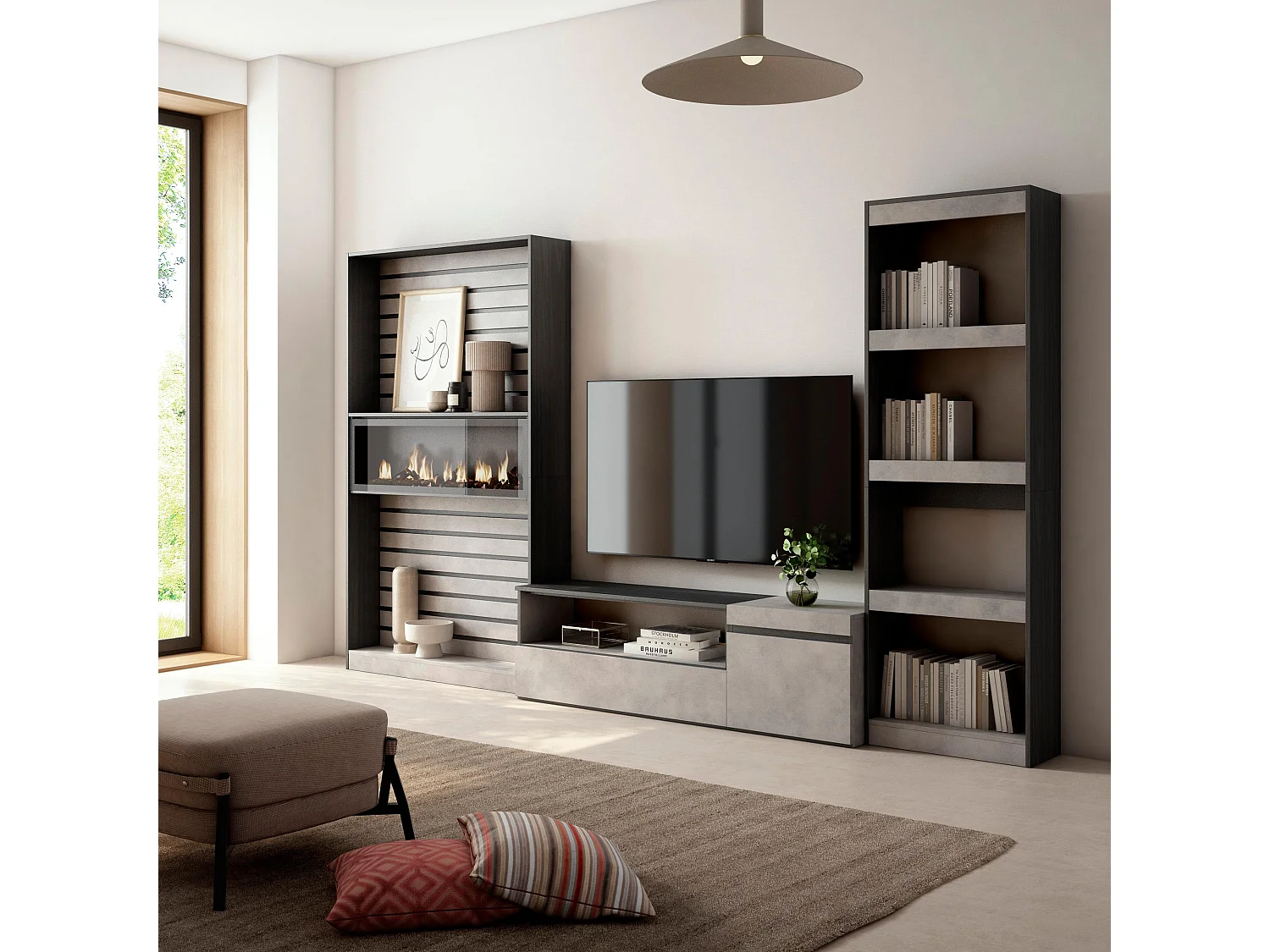 Ensemble Meuble TV, 320x186x35cm, Cheminée électrique, Ciment