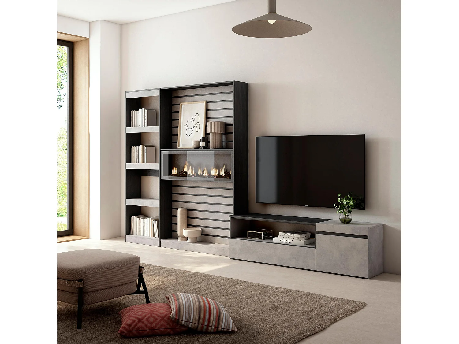 Ensemble Meuble TV, 320x186x35cm, Cheminée électrique, Ciment