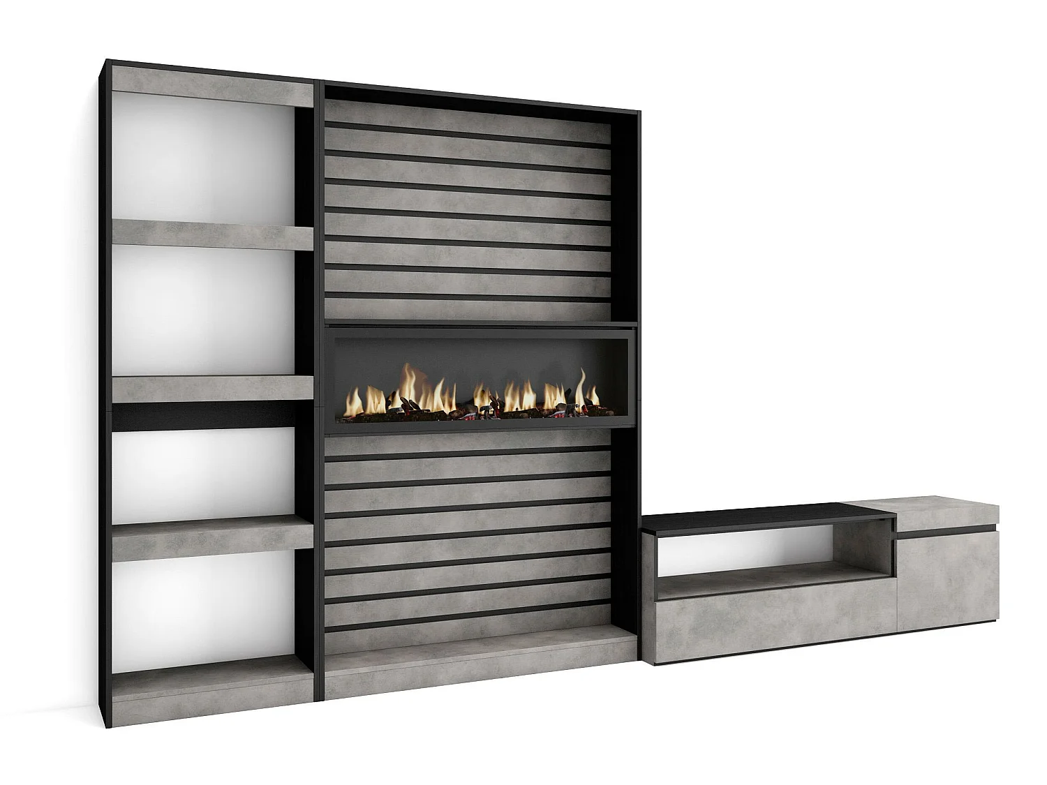 Ensemble Meuble TV, 320x186x35cm, Cheminée électrique, Ciment