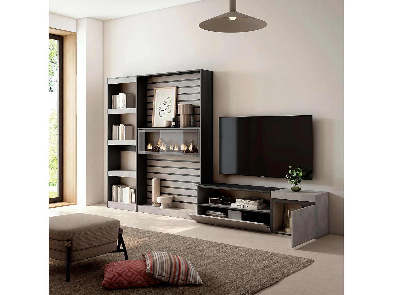 Ensemble Meuble TV, 320x186x35cm, Cheminée électrique, Ciment