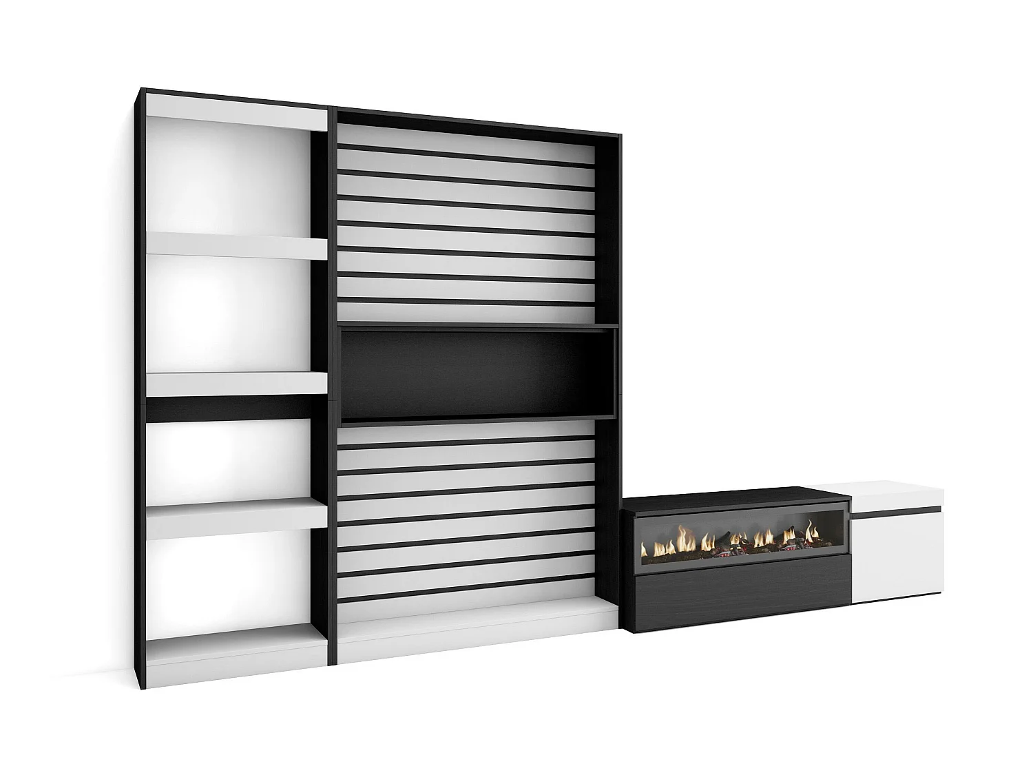 Meubels voor woonkamer, 320x186x35cm, Elektrische haard, Wit en Zwart