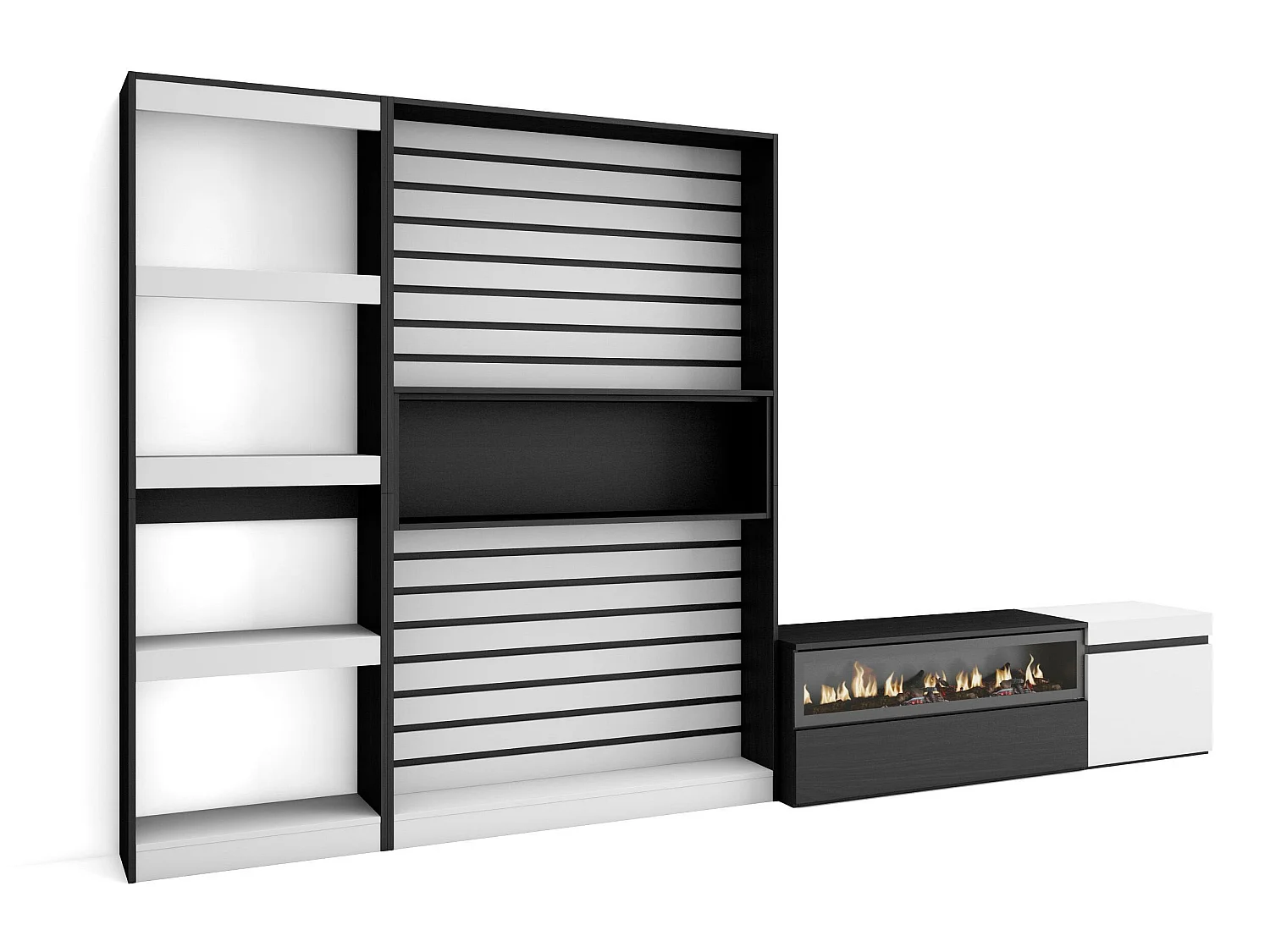 Meubels voor woonkamer, 320x186x35cm, Elektrische haard, Wit en Zwart