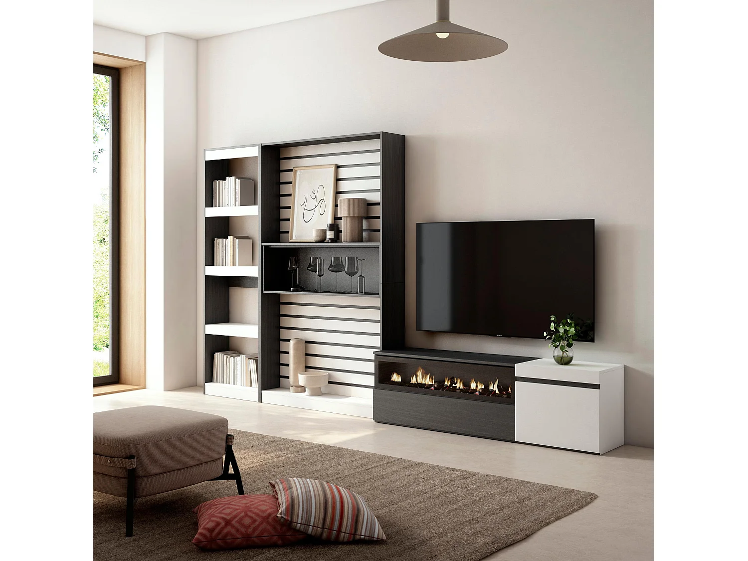 Meubels voor woonkamer, 320x186x35cm, Elektrische haard, Wit en Zwart