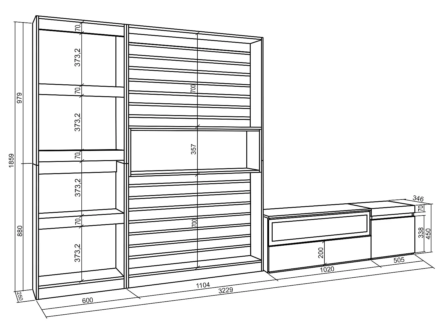 Meubels voor woonkamer, 320x186x35cm, Elektrische haard, Wit en Zwart