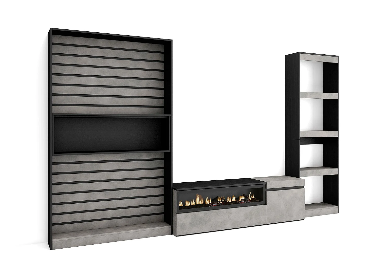 Ensemble Meuble TV, 320x186x35cm, Cheminée électrique, Ciment