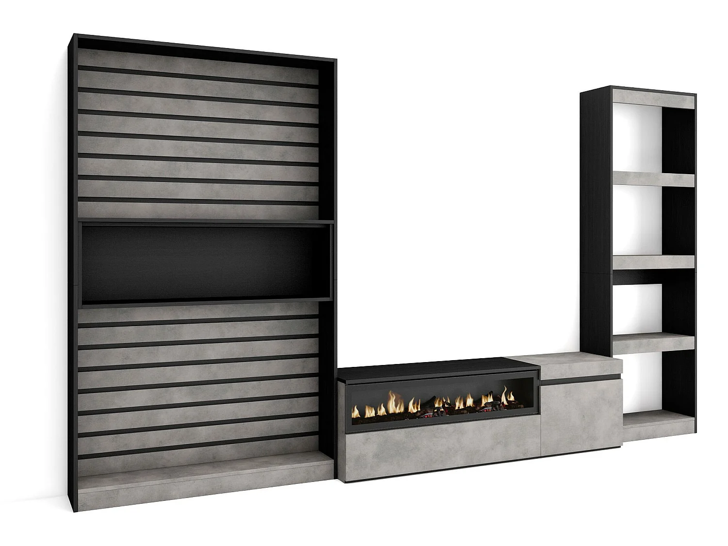 Wohnwand Wohnzimmer, 320x186x35cm, Elektrokamin. Maße, Zement