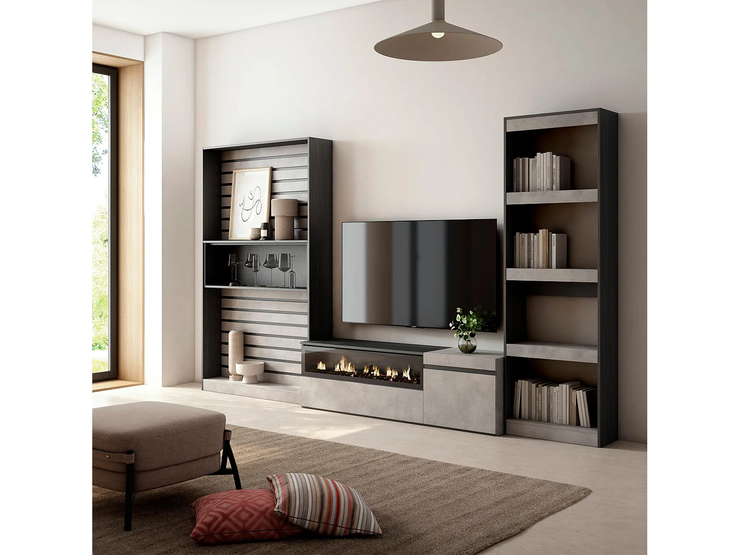 Wohnwand Wohnzimmer, 320x186x35cm, Elektrokamin. Maße, Zement