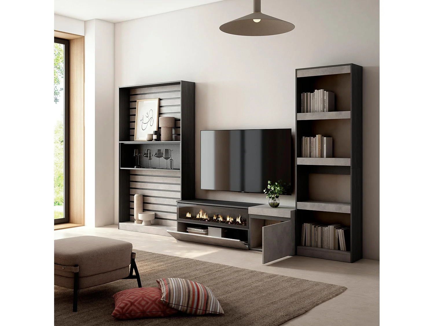 Wohnwand Wohnzimmer, 320x186x35cm, Elektrokamin. Maße, Zement