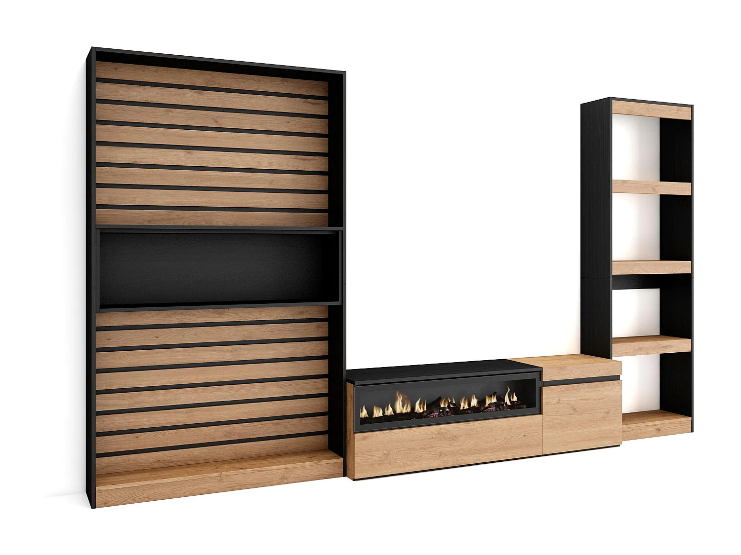 Mobile Soggiorno TV, 320x35x186cm, Camino elettrico, Rovere e nero