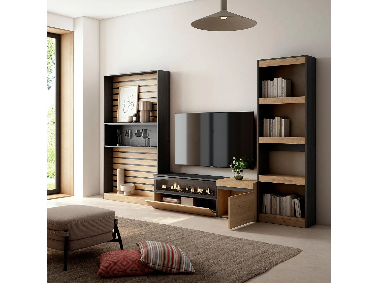 Wohnwand Wohnzimmer, 320x35x186cm, Elektrokamin. Maße, Eiche Schwarz