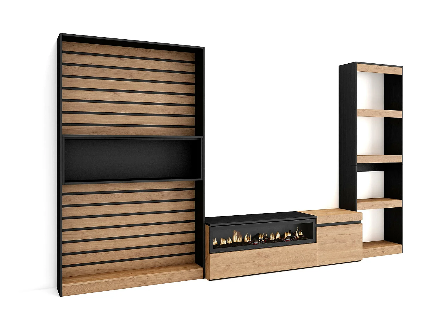 Ensemble Meuble TV, 320x35x186cm, Cheminée électrique, Chêne et noir