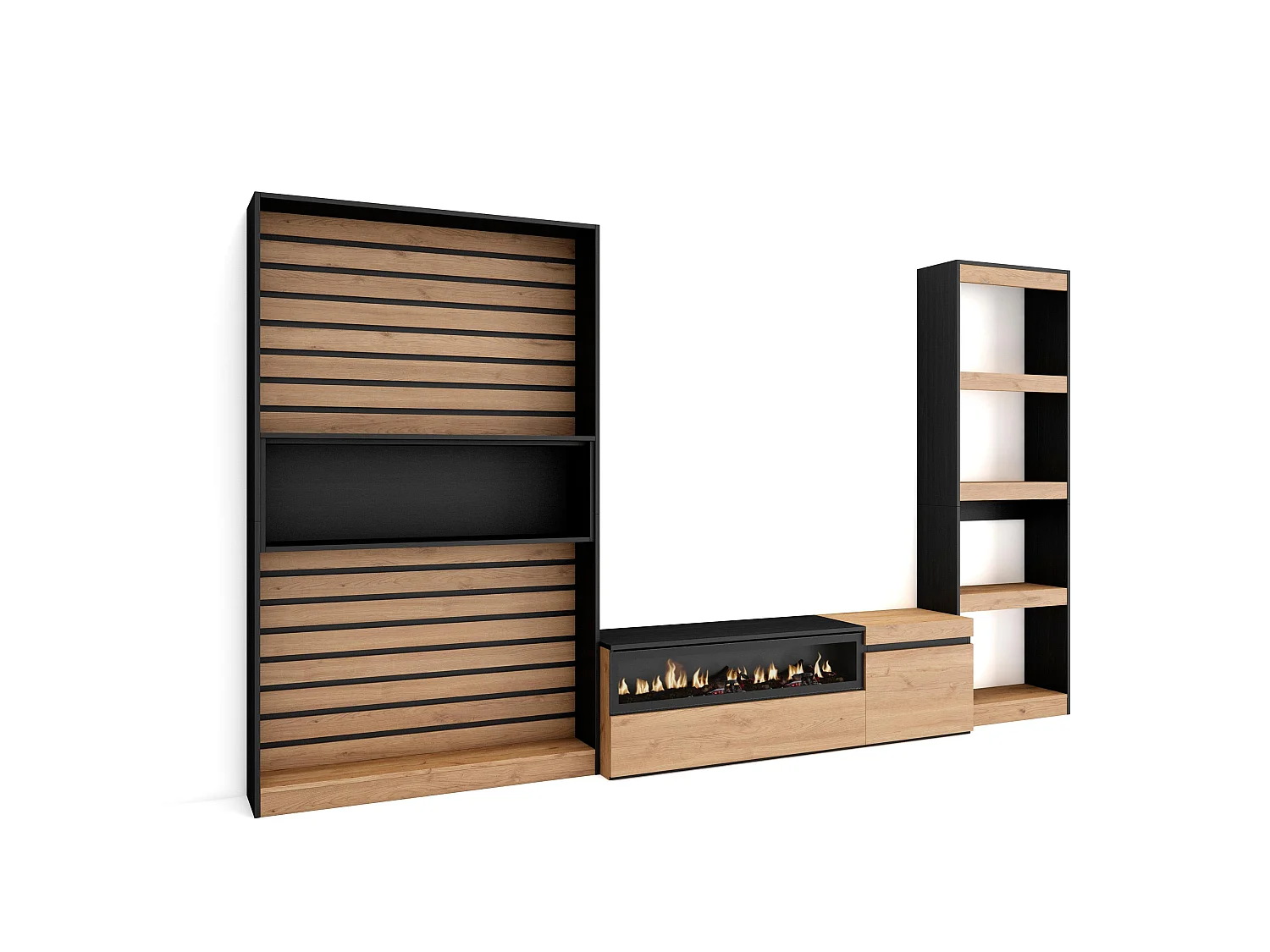 Conjunto de móveis TV, 320x35x186cm, Lareira eléctrica, Carvahlo e preto
