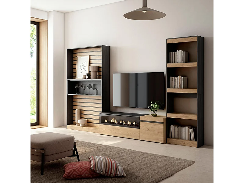 Muebles de Salón para TV, 320x35x186cm, Chimenea eléctrica, Roble y negro