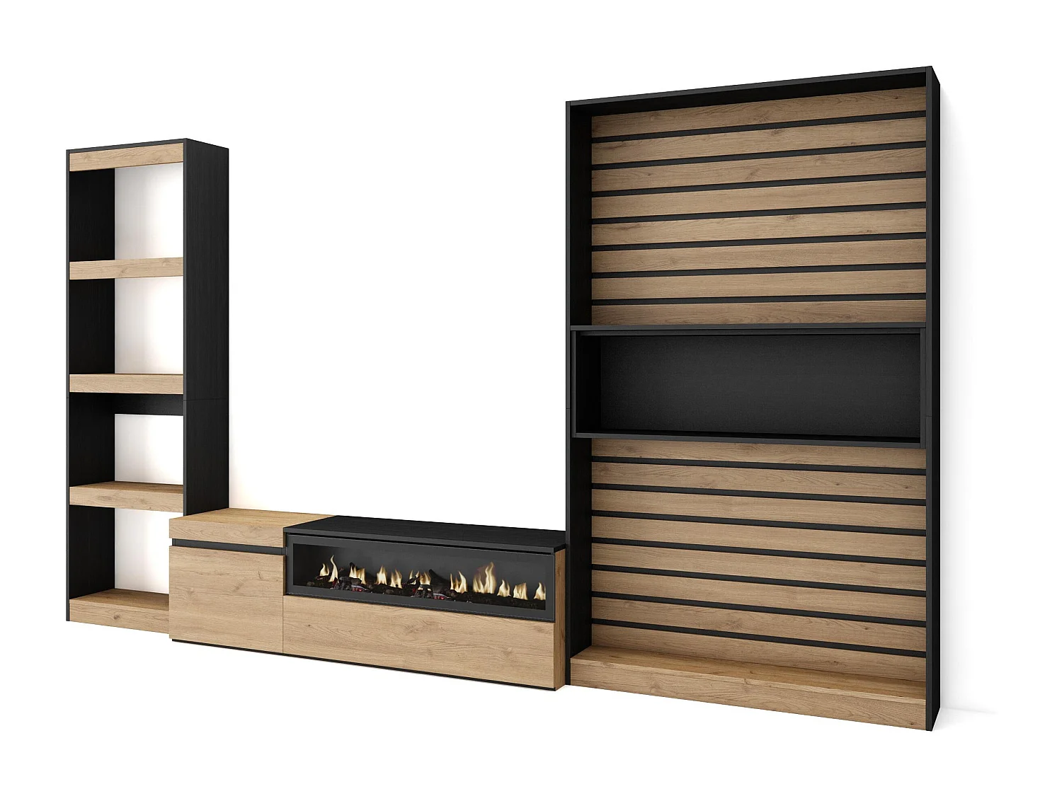 Meubels voor woonkamer, 320x35x186cm, Elektrische haard, Eiken/Zwart