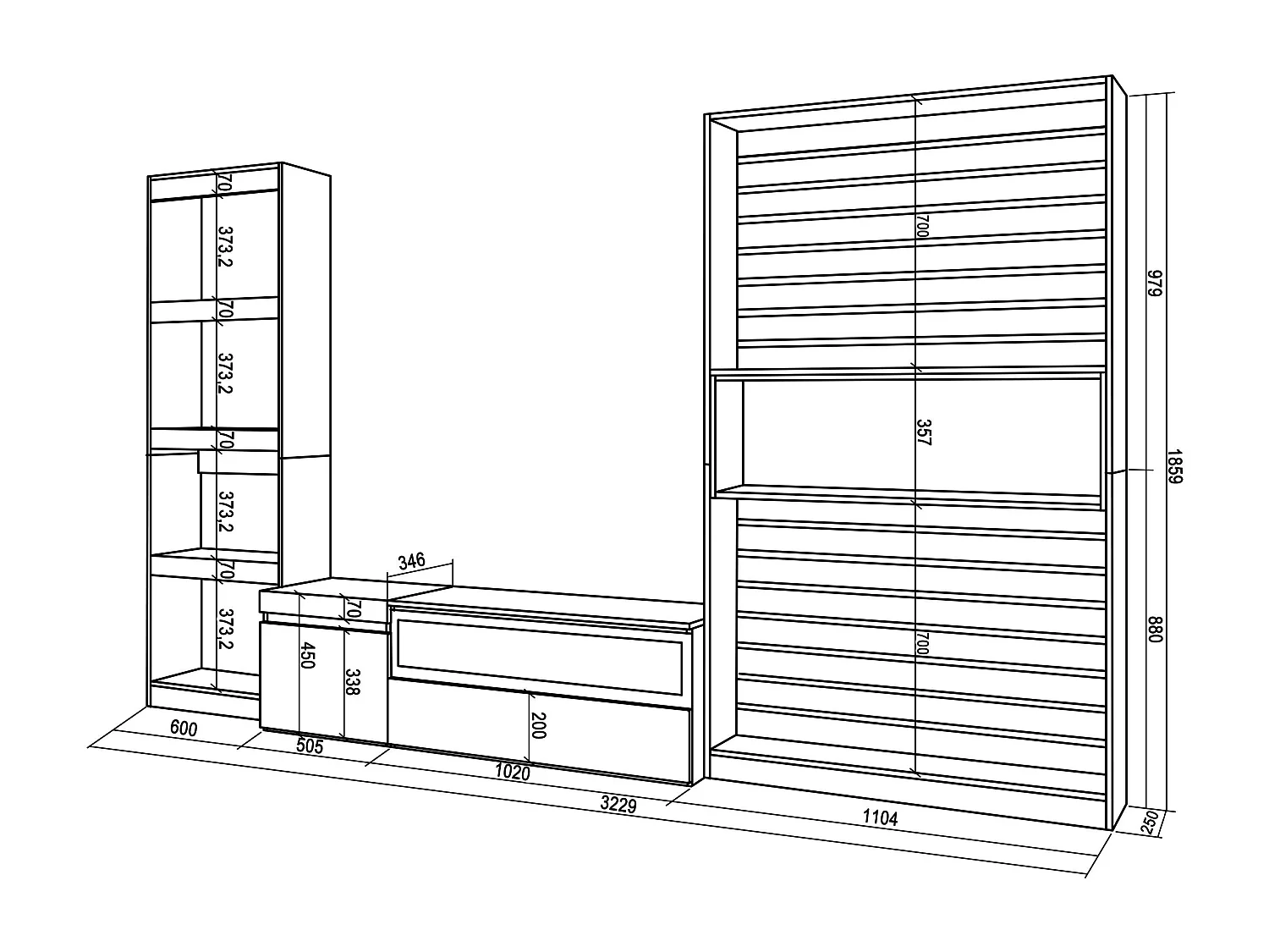 Meubels voor woonkamer, 320x35x186cm, Elektrische haard, Eiken/Zwart