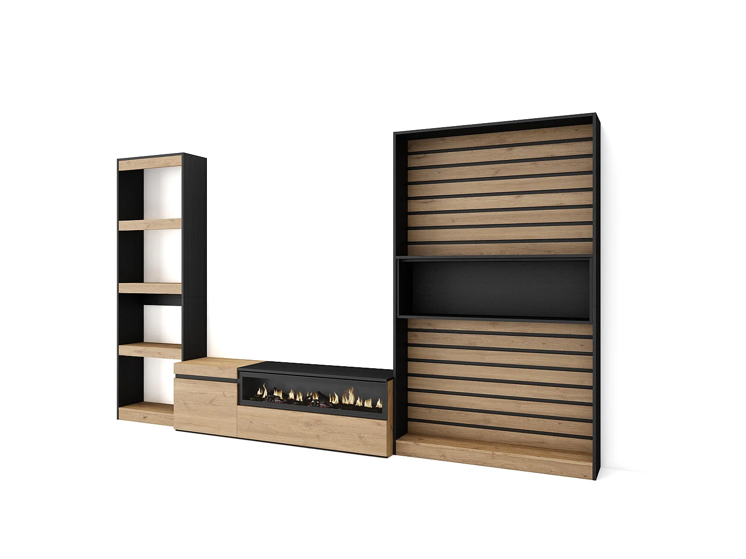 Mobile Soggiorno TV, 320x35x186cm, Camino elettrico, Rovere e nero