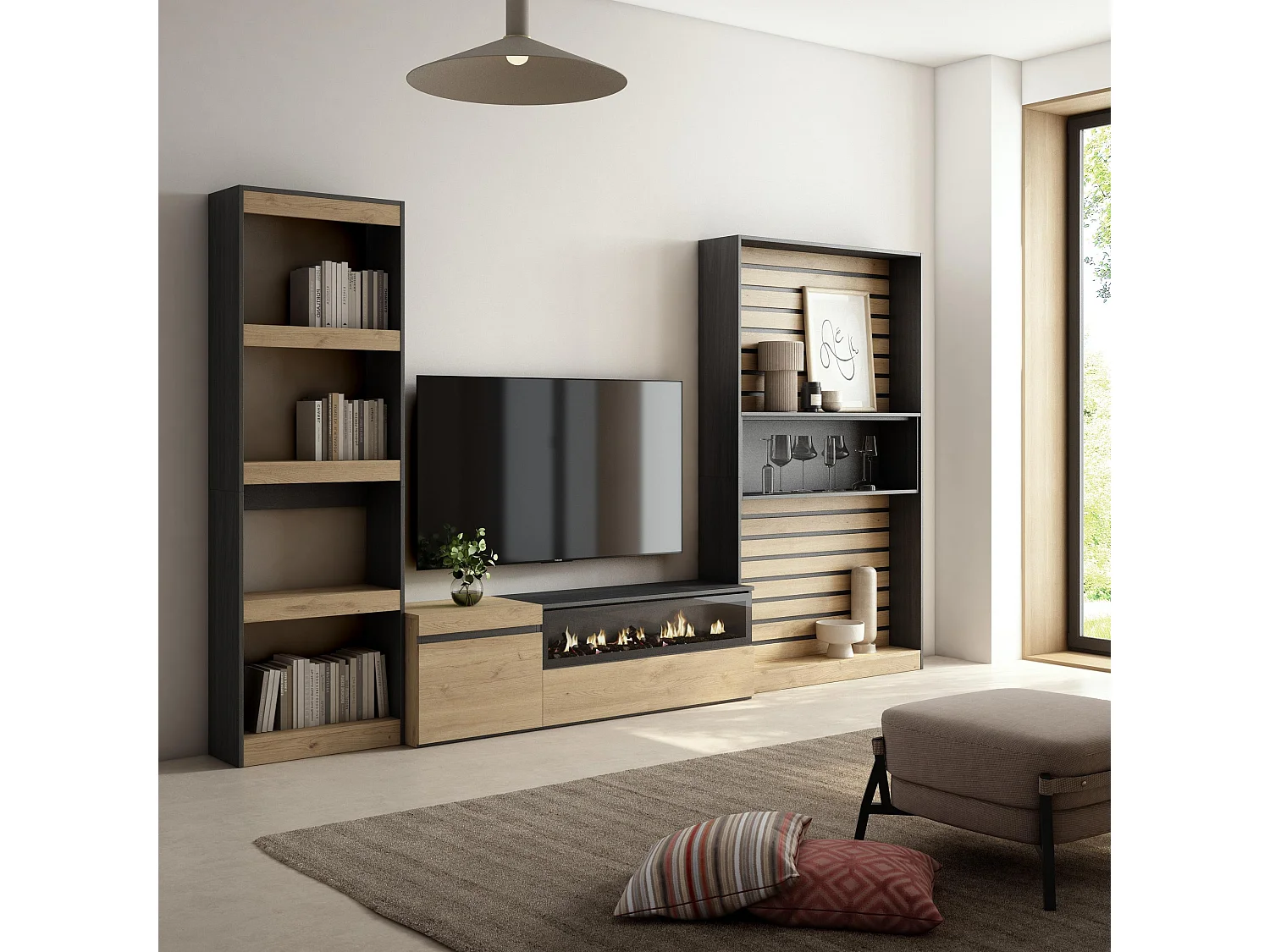 Mobile Soggiorno TV, 320x35x186cm, Camino elettrico, Rovere e nero