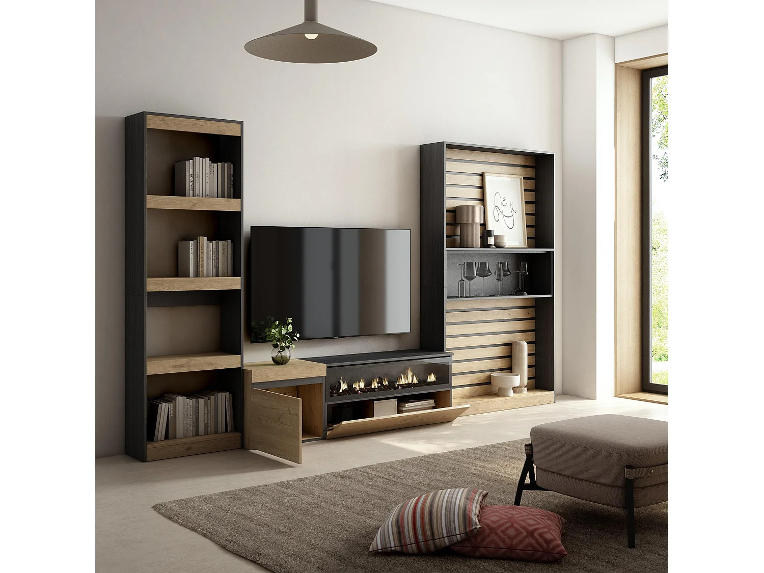 Mobile Soggiorno TV, 320x35x186cm, Camino elettrico, Rovere e nero