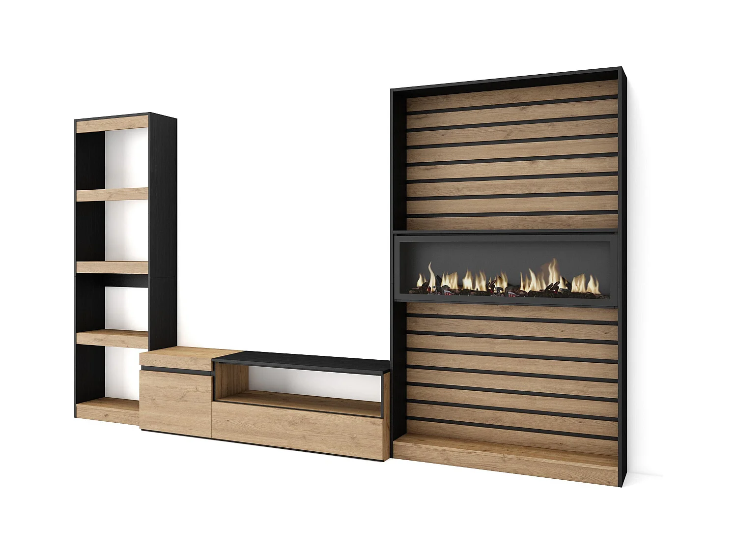 Ensemble Meuble TV, 320x35x186cm, Cheminée électrique, Chêne et noir